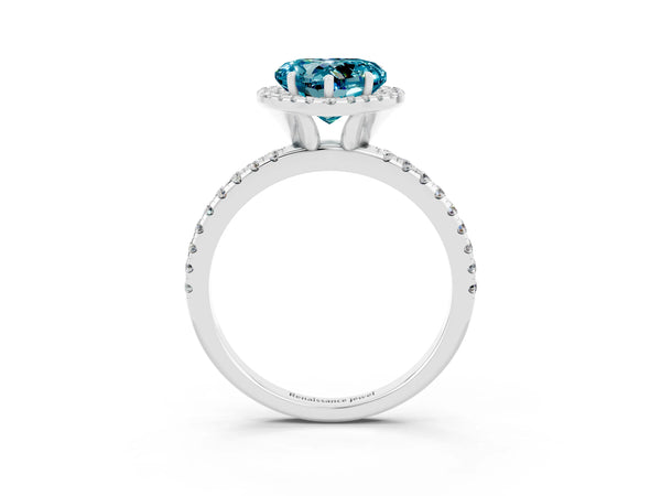 Silver Heart Cut Halo Round Diamond Pavé Band Four-Prong Ring
