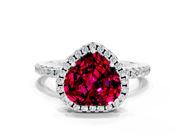 Platinum Heart Cut Garnet Halo Ring with Round Pavé Band and Prong Setting