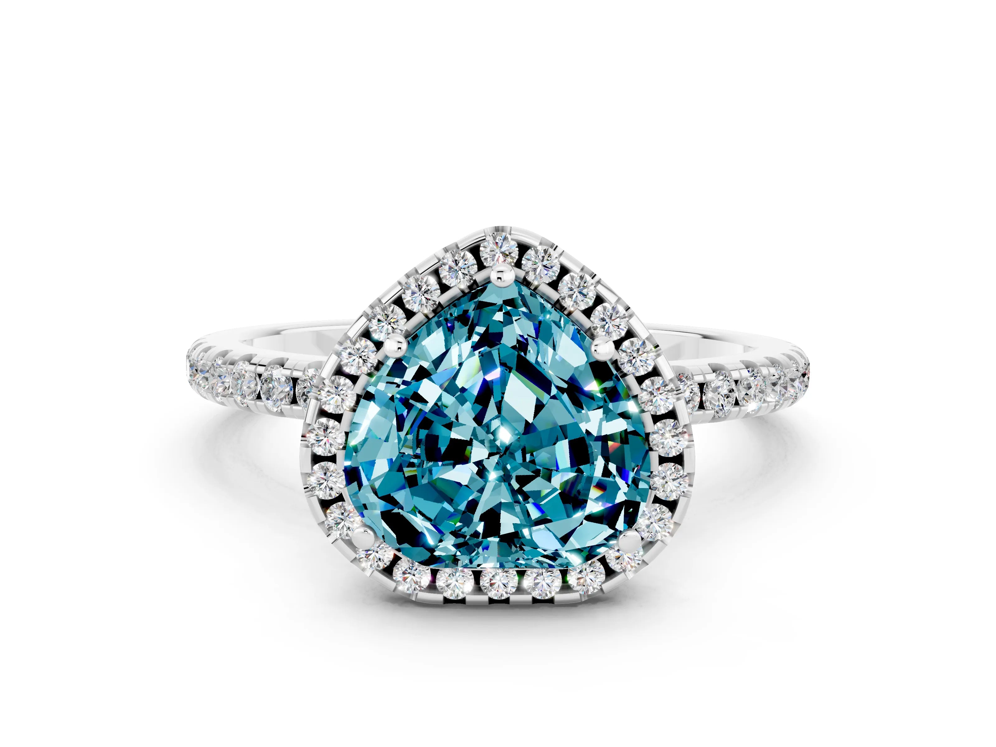White gold Heart Cut Halo Round Diamond Pavé Band Four-Prong Ring