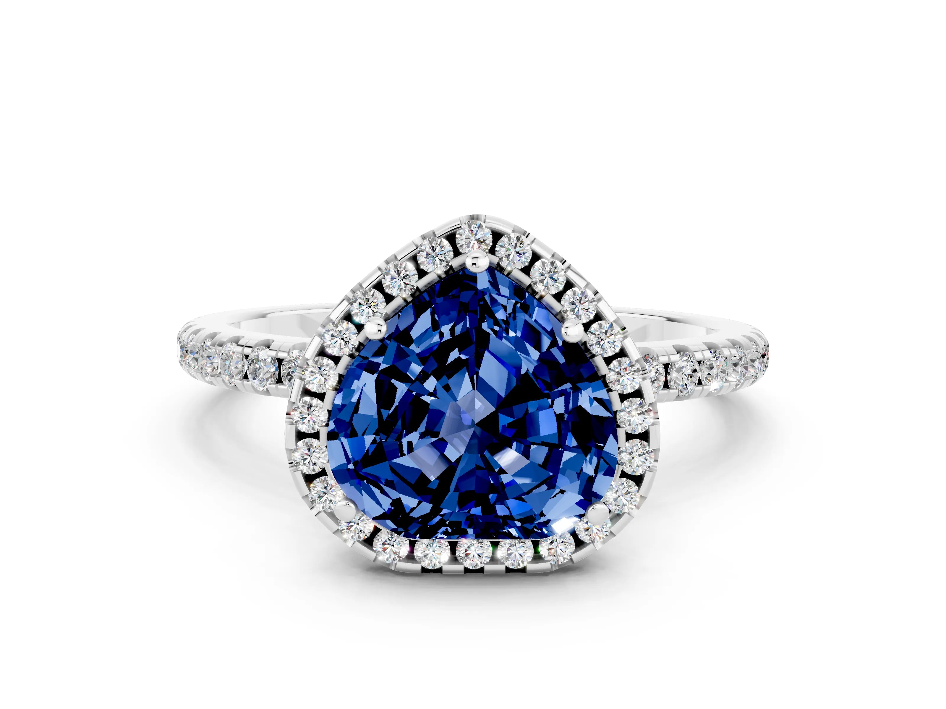 White gold Heart Cut Halo Round Diamond Pavé Band Four-Prong Ring