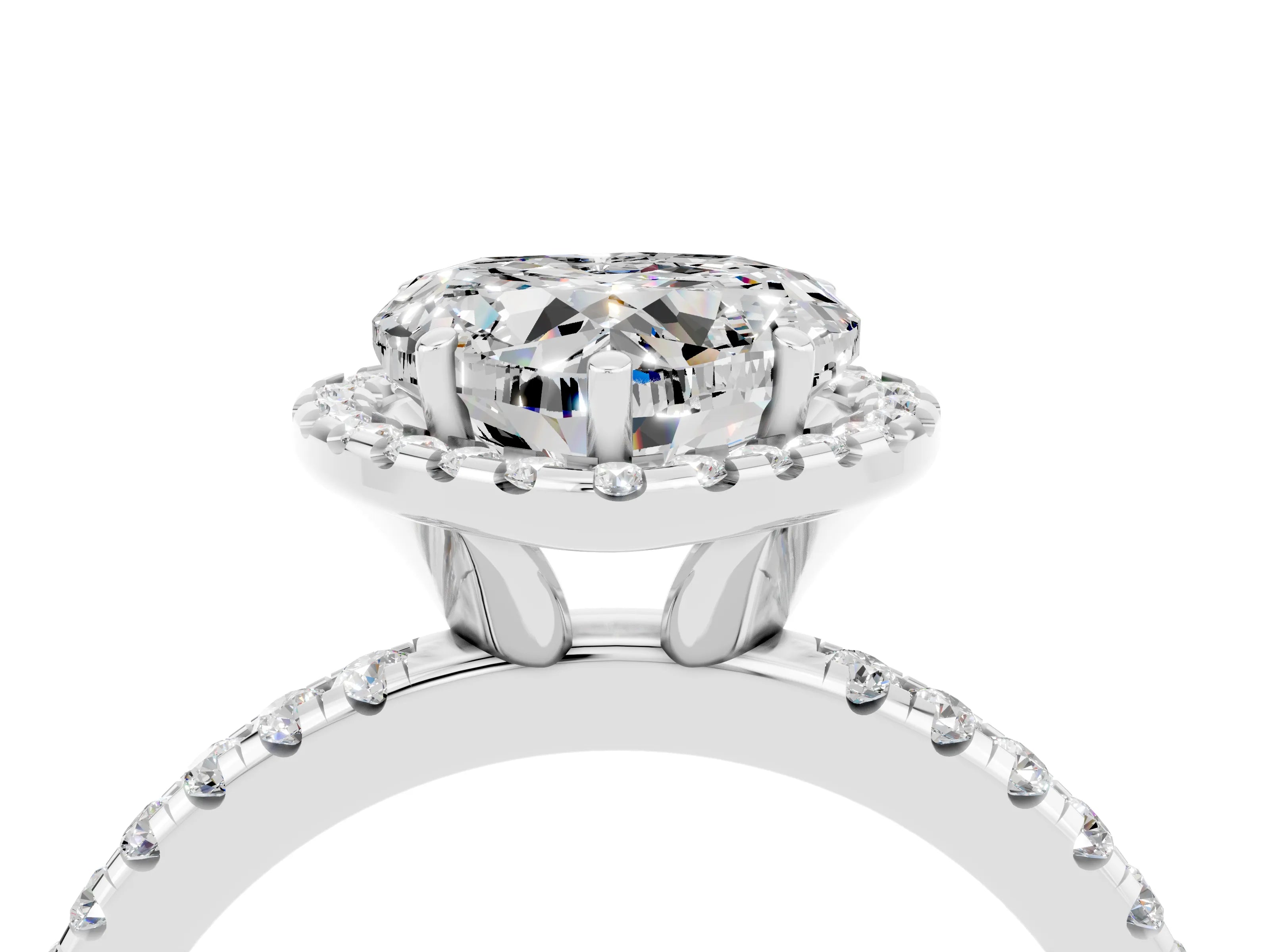 White gold Heart Cut Halo Round Diamond Pavé Band Four-Prong Ring_4