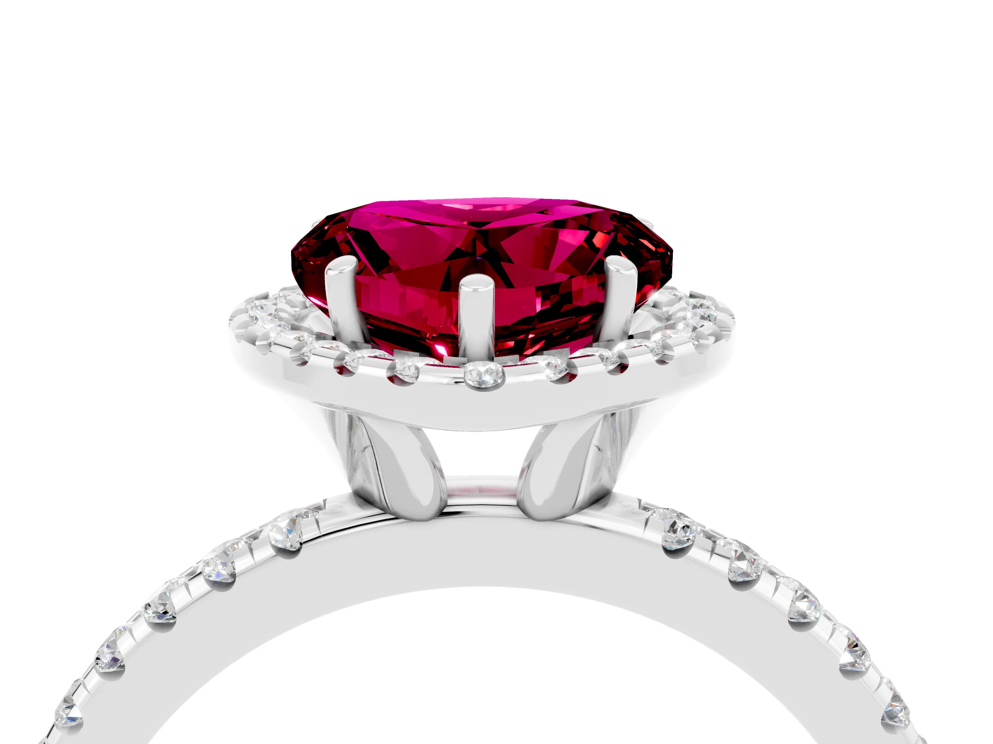 White gold Heart Cut Halo Round Diamond Pavé Band Four-Prong Ring_4