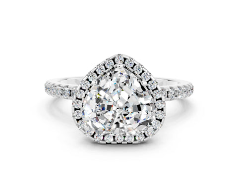 White gold Heart Cut Halo Round Diamond Pavé Band Four-Prong Ring