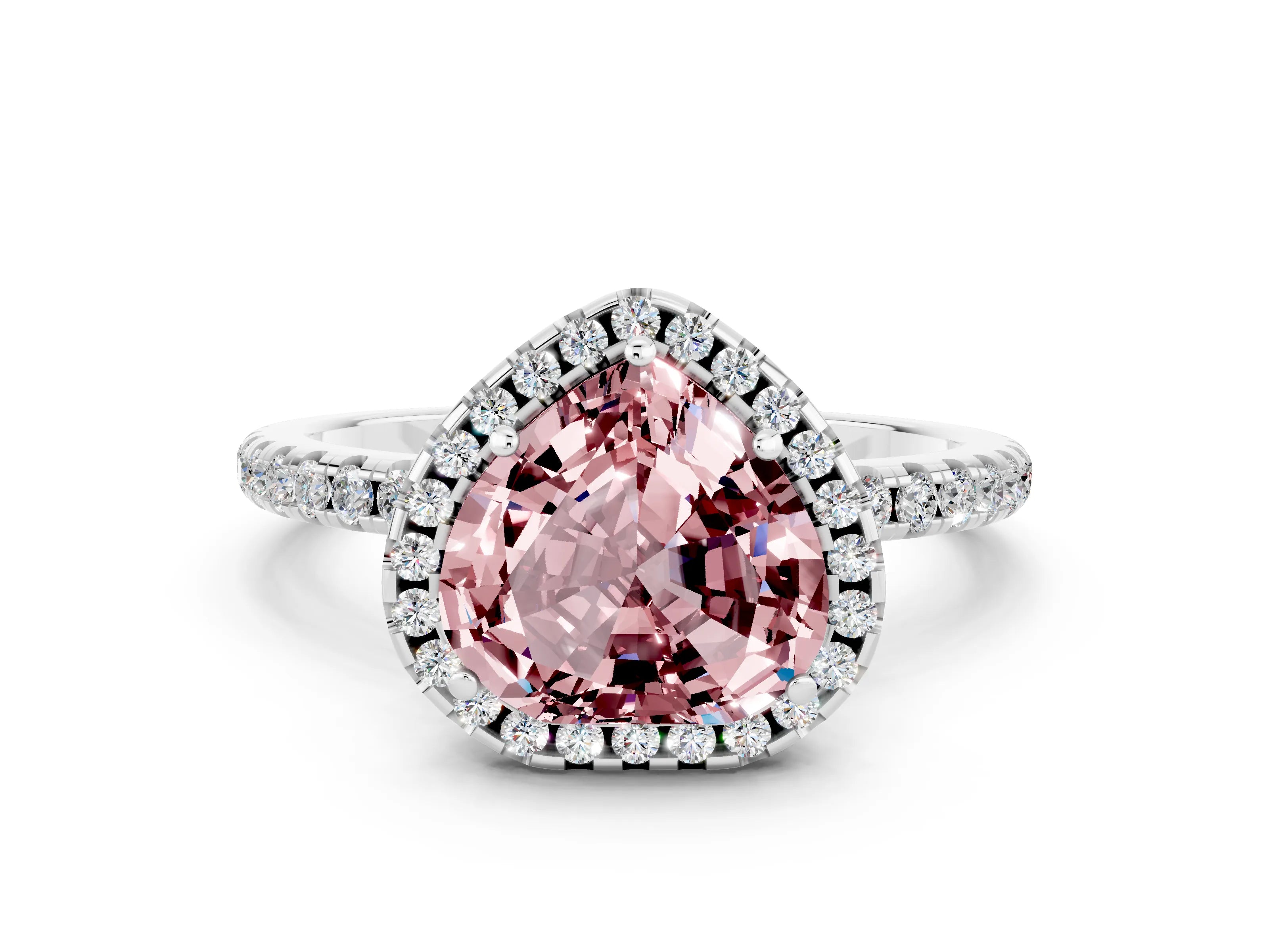 White gold Heart Cut Halo Round Diamond Pavé Band Four-Prong Ring