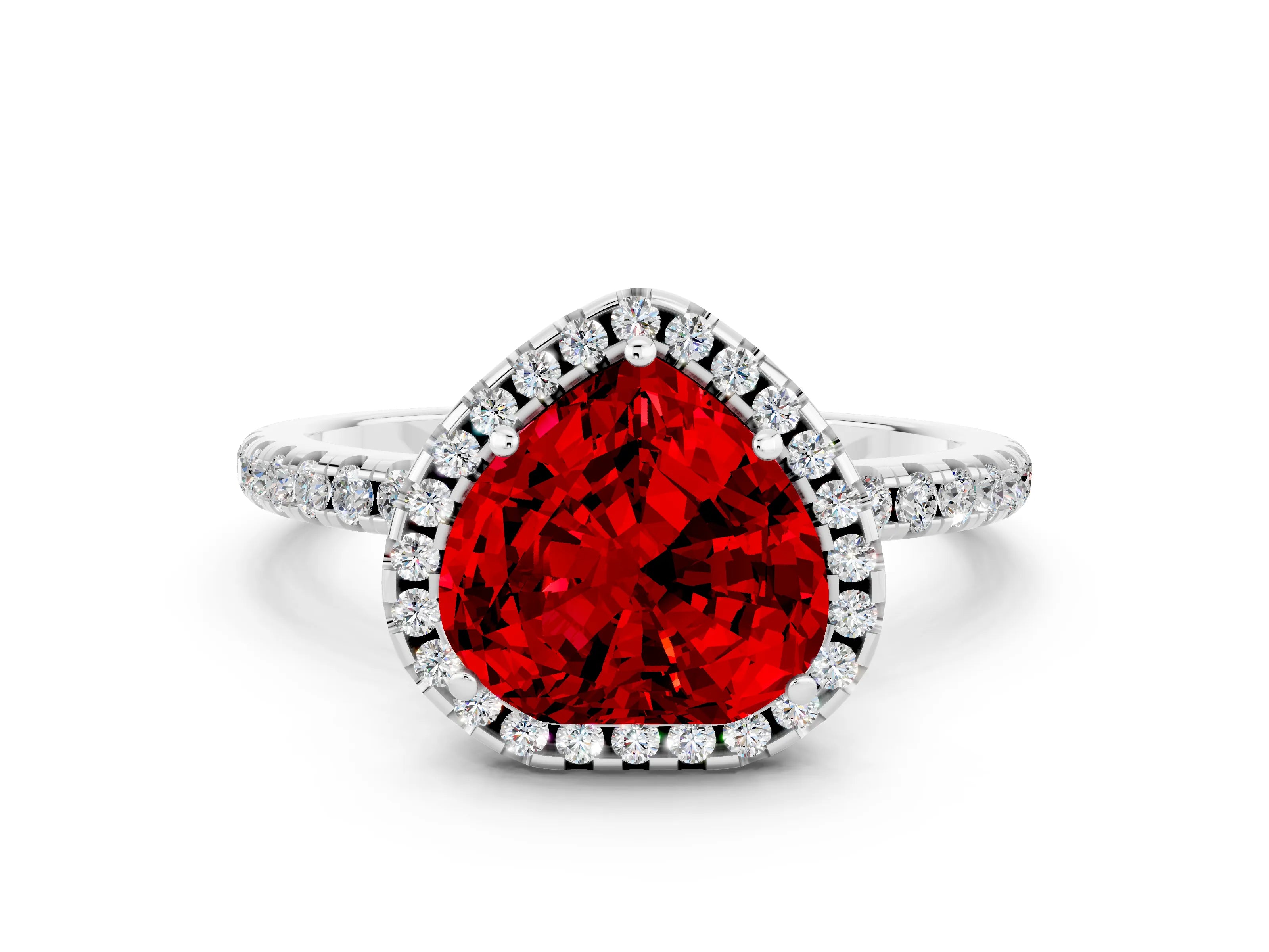 White gold Heart Cut Halo Round Diamond Pavé Band Four-Prong Ring
