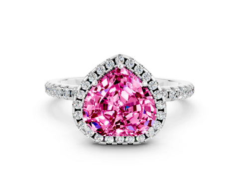 White gold Heart Cut Halo Round Diamond Pavé Band Four-Prong Ring