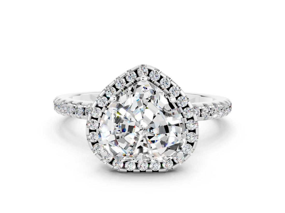White gold Heart Cut Halo Round Diamond Pavé Band Four-Prong Ring
