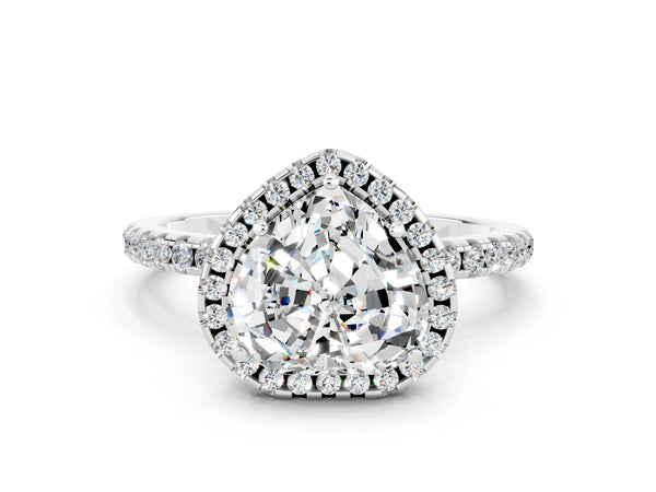 Platinum Heart Cut Moissanite Halo Ring with Round Pavé Band and Prong Setting