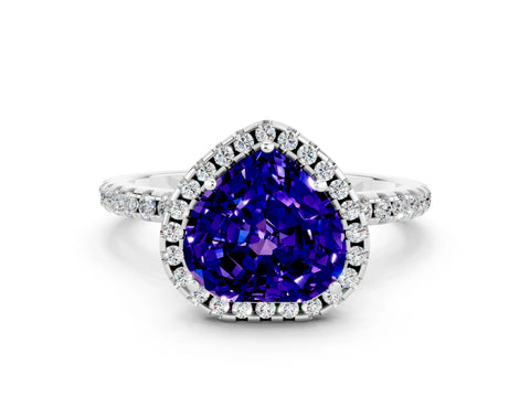White gold Heart Cut Halo Round Diamond Pavé Band Four-Prong Ring
