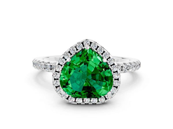 Silver Heart Cut Emerald Halo Ring with Round Pavé Band and Prong Setting