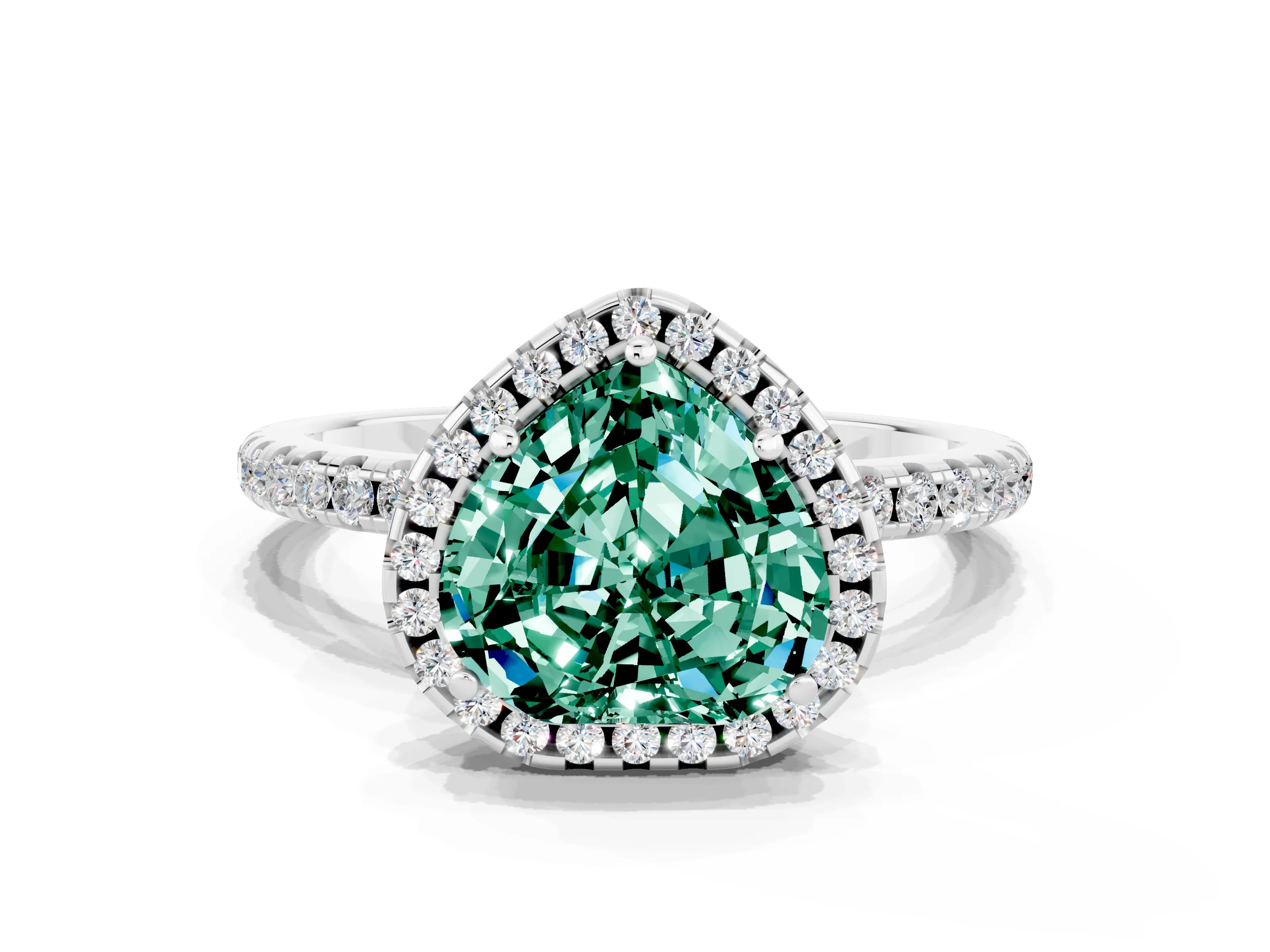 White gold Heart Cut Halo Round Diamond Pavé Band Four-Prong Ring