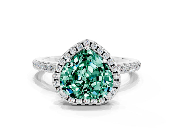 Silver Heart Cut Green Sapphire Halo Ring with Round Pavé Band and Prong Setting