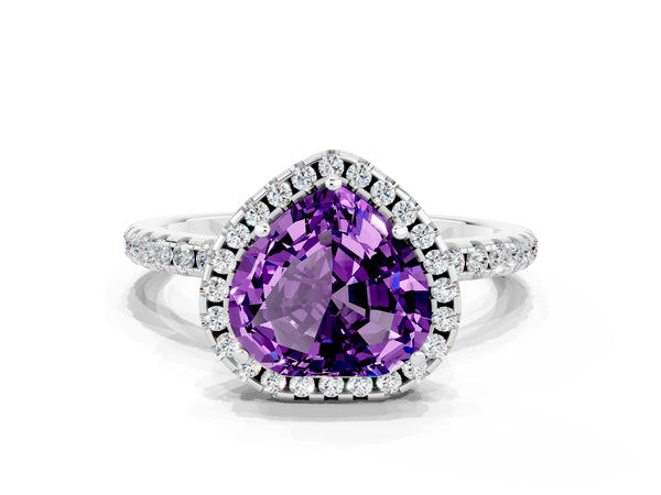 Platinum Heart Cut Amethyst Halo Ring with Round Pavé Band and Prong Setting