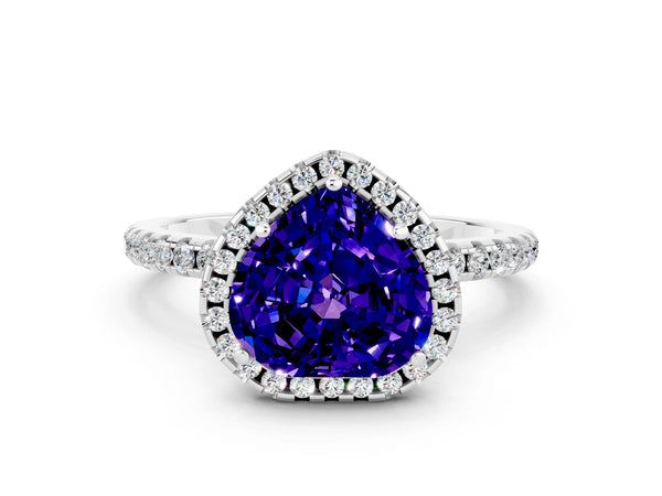 Platinum Heart Cut Tanzanite Halo Ring with Round Pavé Band and Prong Setting