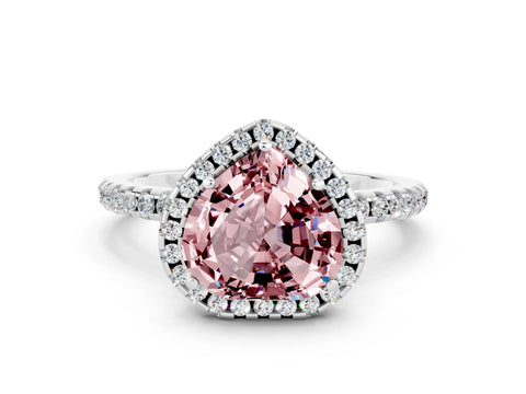 White gold Heart Cut Halo Round Diamond Pavé Band Four-Prong Ring