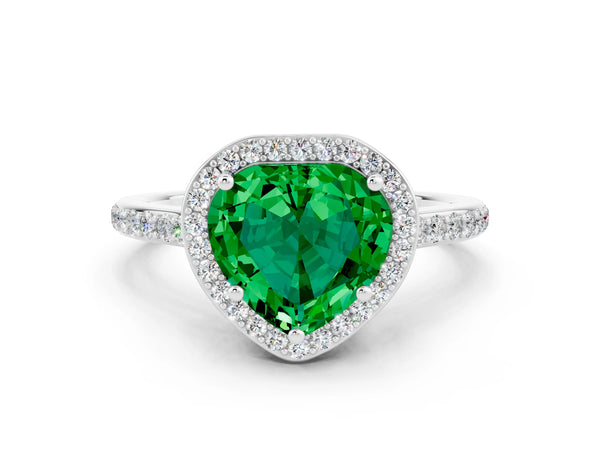 Silver Heart Cut Emerald Halo Engagement Ring with Round Pavé Shoulders and Prong Setting