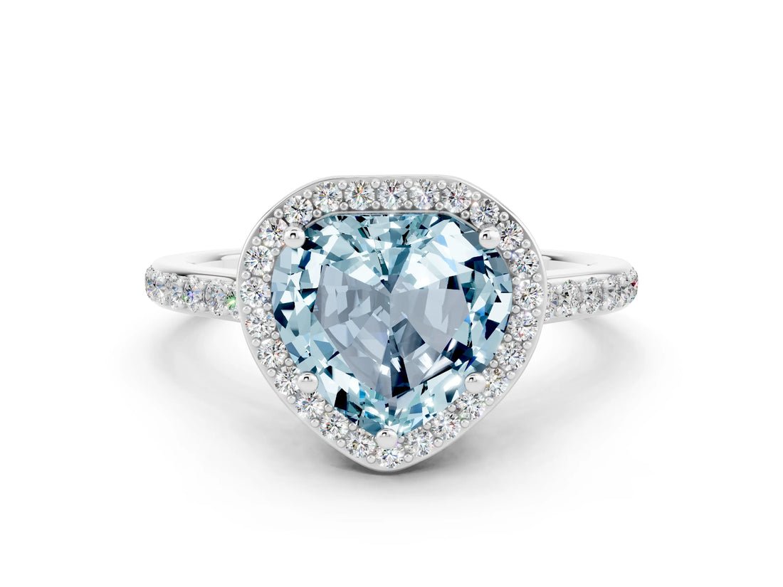 White gold Heart Cut Halo Round Diamond Pavé Band with Four-Prong Setting
