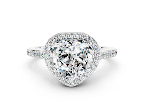 White gold Heart Cut Halo Round Diamond Pavé Band with Four-Prong Setting