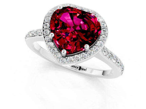 Silver Heart Cut Garnet Halo Engagement Ring with Round Pavé Shoulders and Prong Setting