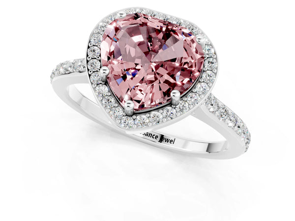 Platinum Heart Cut Halo Round Diamond Pavé Band with Four-Prong Setting