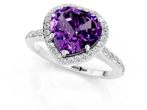 Platinum Heart Cut Amethyst Halo Engagement Ring with Round Pavé Shoulders and Prong Setting