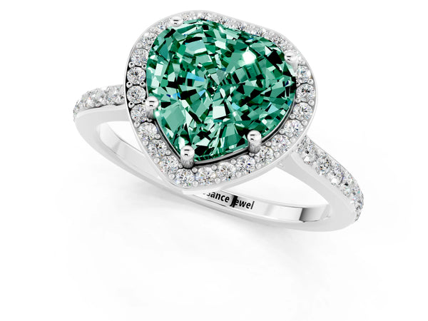 Silver Heart Cut Green Sapphire Halo Engagement Ring with Round Pavé Shoulders and Prong Setting