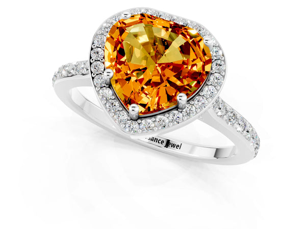 Silver Heart Cut Citrine Halo Engagement Ring with Round Pavé Shoulders and Prong Setting