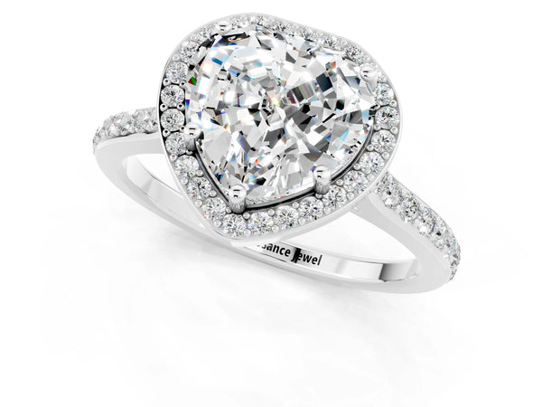 Silver Heart Cut Moissanite Halo Engagement Ring with Round Pavé Shoulders and Prong Setting