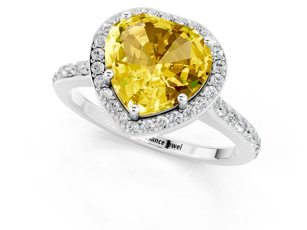 Silver Heart Cut Yellow Sapphire Halo Engagement Ring with Round Pavé Shoulders and Prong Setting