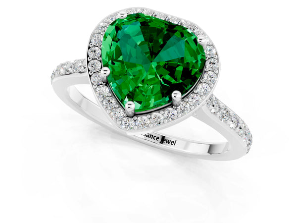 Platinum Heart Cut Emerald Halo Engagement Ring with Round Pavé Shoulders and Prong Setting