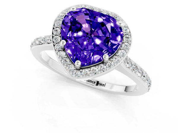 White gold Heart Cut Tanzanite Halo Engagement Ring with Round Pavé Shoulders and Prong Setting