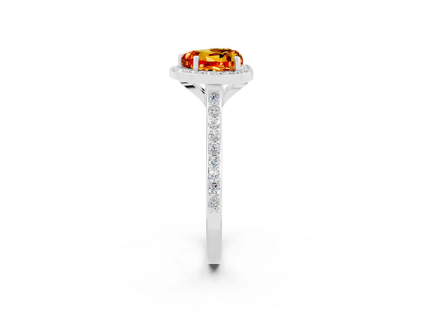 Platinum Heart Cut Citrine Halo Engagement Ring with Round Pavé Shoulders and Prong Setting