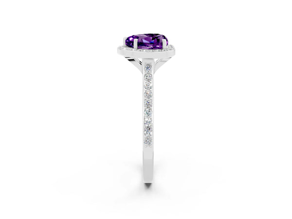 Platinum Heart Cut Amethyst Halo Engagement Ring with Round Pavé Shoulders and Prong Setting