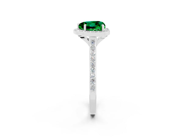 Silver Heart Cut Emerald Halo Engagement Ring with Round Pavé Shoulders and Prong Setting