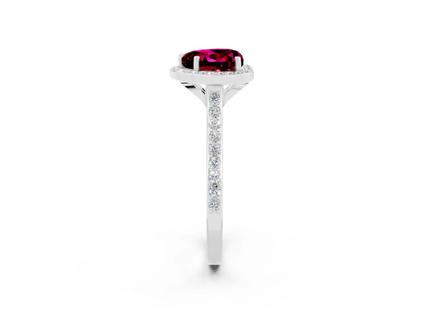 Silver Heart Cut Garnet Halo Engagement Ring with Round Pavé Shoulders and Prong Setting