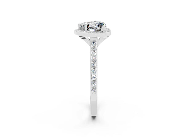 White gold Heart Cut Moissanite Halo Engagement Ring with Round Pavé Shoulders and Prong Setting