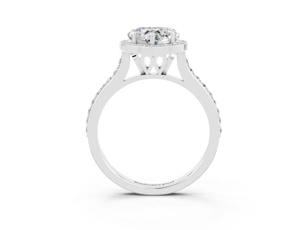 White gold Heart Cut Moissanite Halo Engagement Ring with Round Pavé Shoulders and Prong Setting
