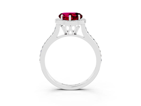 Silver Heart Cut Garnet Halo Engagement Ring with Round Pavé Shoulders and Prong Setting