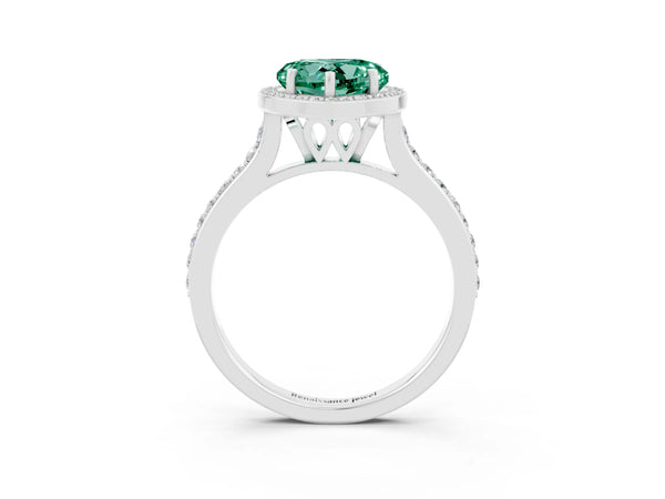 White gold Heart Cut Green Sapphire Halo Engagement Ring with Round Pavé Shoulders and Prong Setting