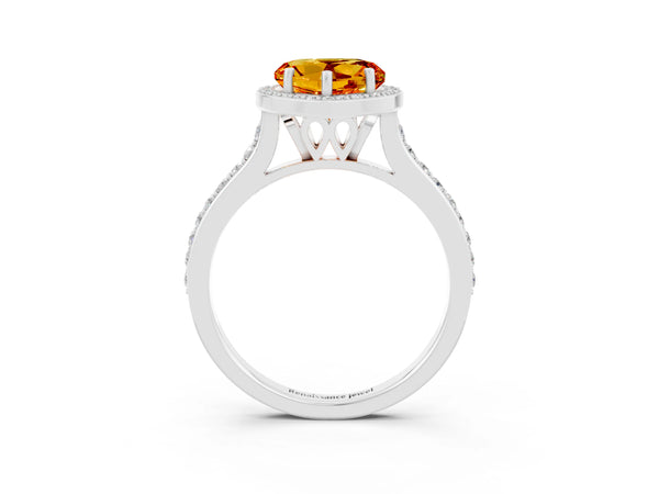 Platinum Heart Cut Citrine Halo Engagement Ring with Round Pavé Shoulders and Prong Setting