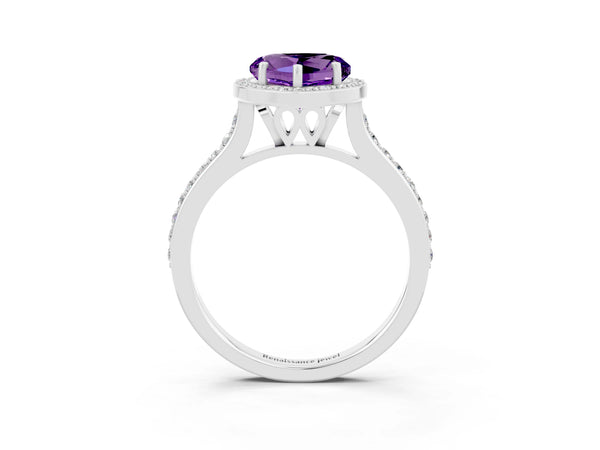 Platinum Heart Cut Amethyst Halo Engagement Ring with Round Pavé Shoulders and Prong Setting