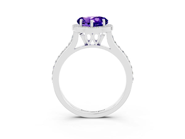 White gold Heart Cut Tanzanite Halo Engagement Ring with Round Pavé Shoulders and Prong Setting