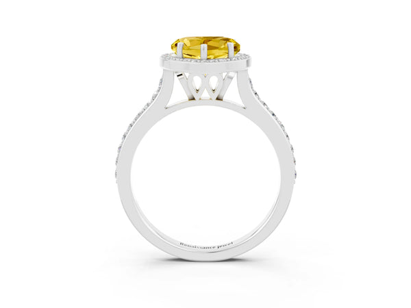 Silver Heart Cut Yellow Sapphire Halo Engagement Ring with Round Pavé Shoulders and Prong Setting