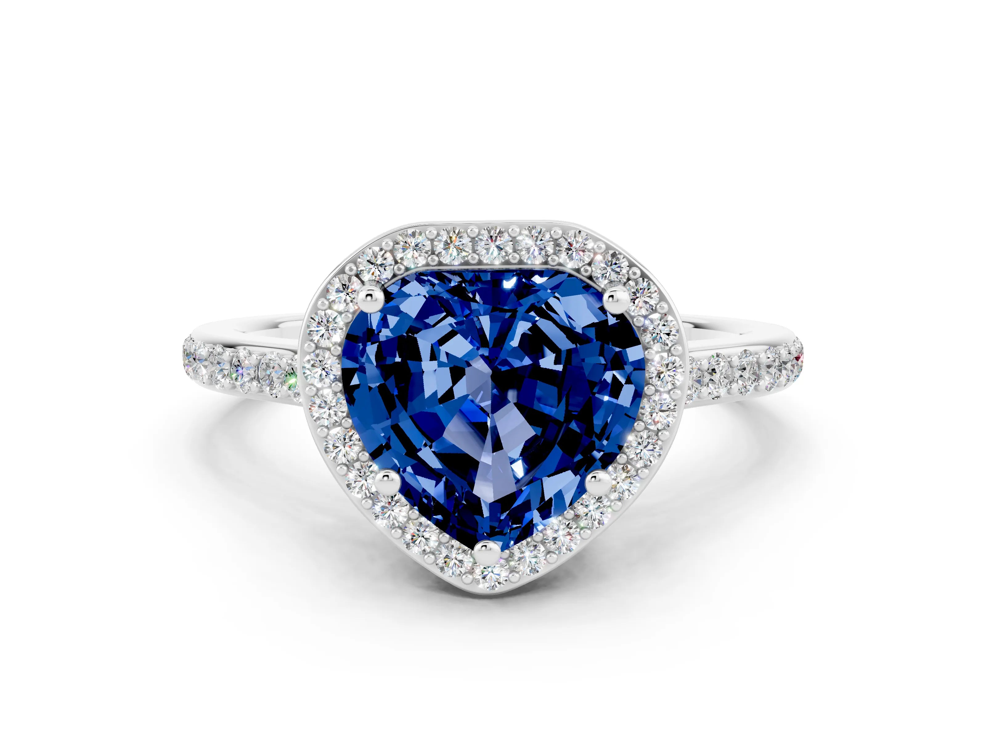 White gold Heart Cut Halo Round Diamond Pavé Band with Four-Prong Setting