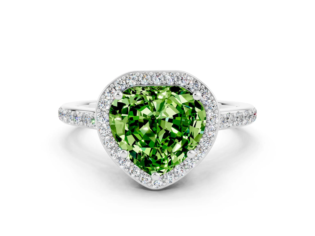 White gold Heart Cut Halo Round Diamond Pavé Band with Four-Prong Setting