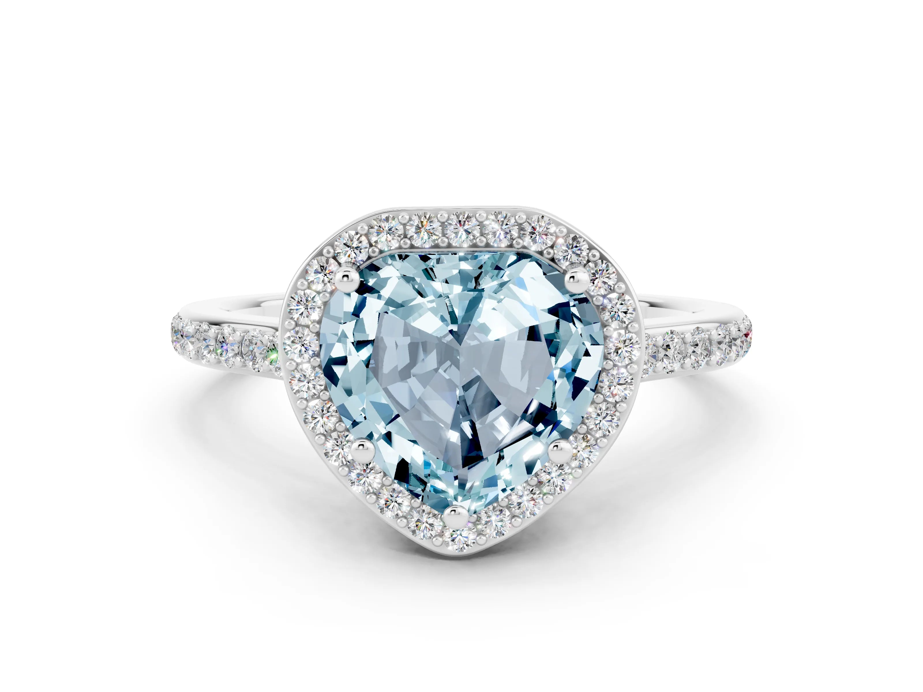 White gold Heart Cut Halo Round Diamond Pavé Band with Four-Prong Setting