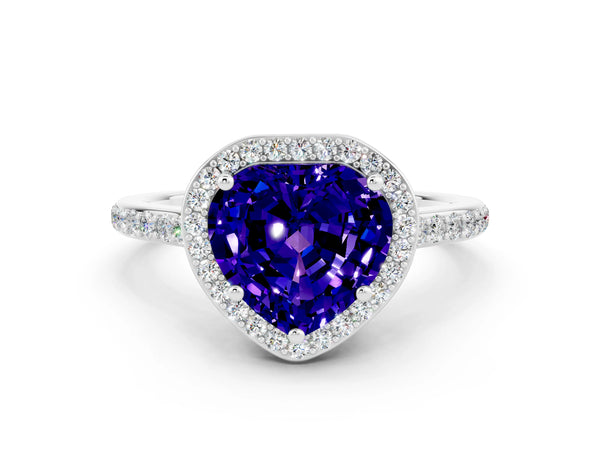 Silver Heart Cut Tanzanite Halo Engagement Ring with Round Pavé Shoulders and Prong Setting