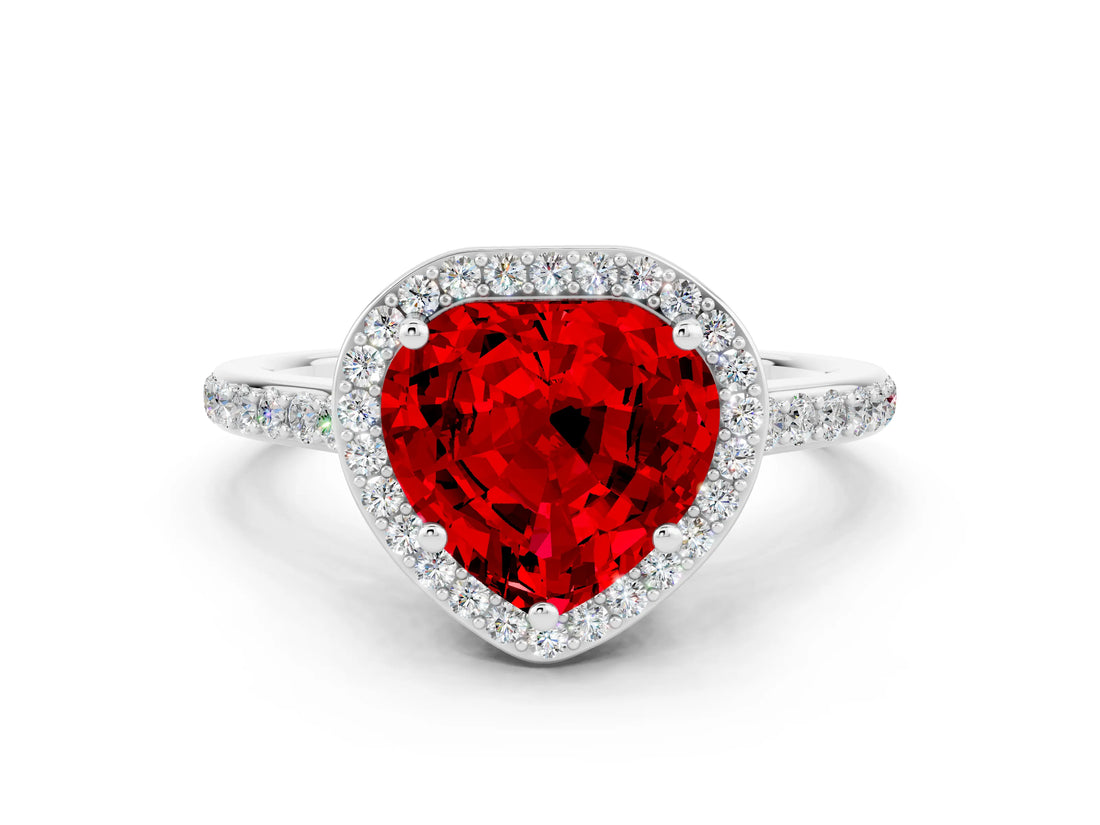 White gold Heart Cut Halo Round Diamond Pavé Band with Four-Prong Setting