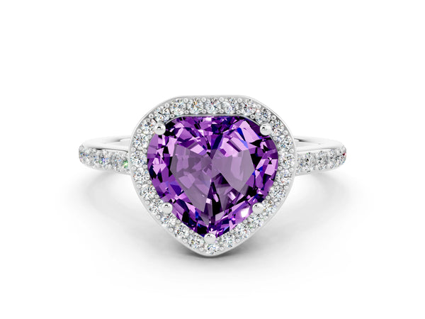 Platinum Heart Cut Amethyst Halo Engagement Ring with Round Pavé Shoulders and Prong Setting