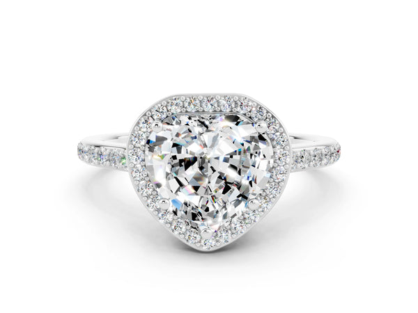Silver Heart Cut Moissanite Halo Engagement Ring with Round Pavé Shoulders and Prong Setting